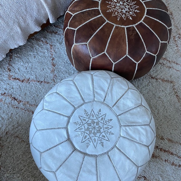 Moroccan Brown Leather Pouf - Picture 6 of 7